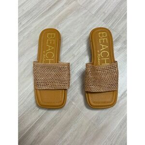 Beach by Matisse Woven Platform Slide Sandals Tan Cognac Square Toe Womens 9M